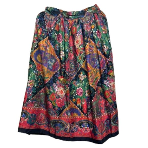 Vintage Ports International Paisley Maximalist Full Flowy Silky Midi Skirt Lined - Picture 2 of 9